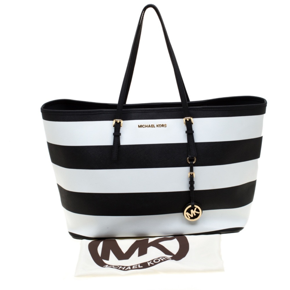 Michael Kors Black/White Stripe Saffiano Leather Jet Set Tote